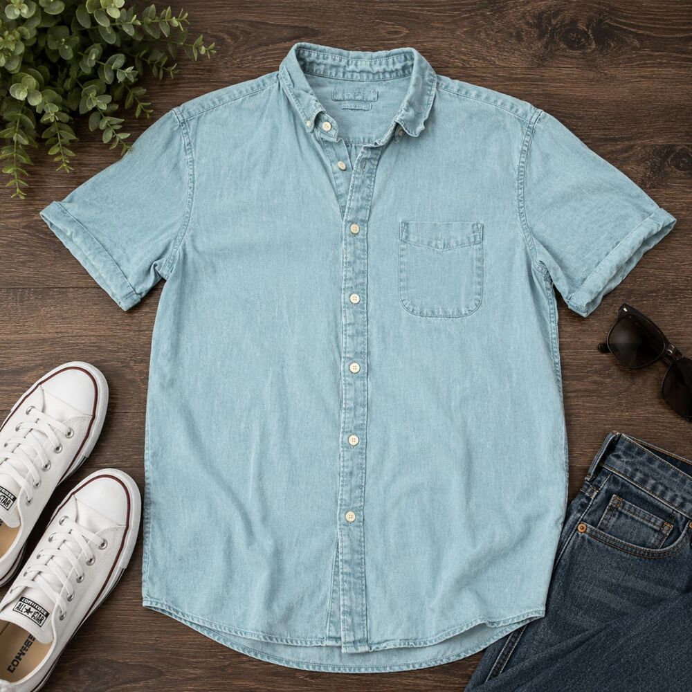 Lucky Brand Women Top Large Blue Denim Button Up Collar Short Sleeve (517)